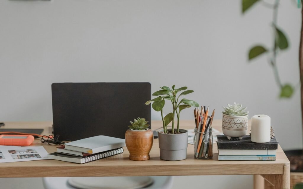 A calm home workspace with a laptop, books, pencils and small plants.